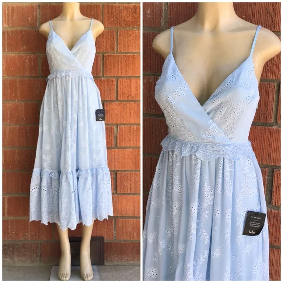 LAST ONE❗Lulu's Vintage Feminine Chic Powder Blue Embroidered Eyelet Midi Dress - Picture 5 of 10